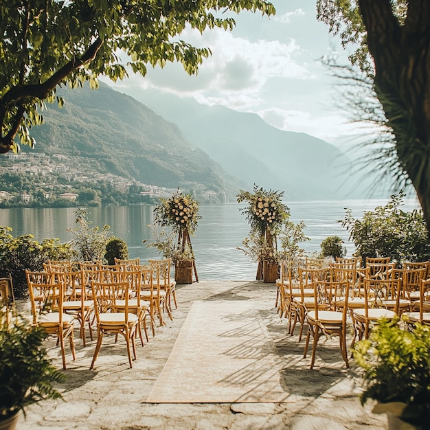 Photo a destination wedding in a picturesque location with a breathtaking view as the backdrop