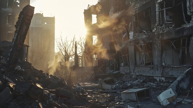 destroyed and burned houses in the city Russia Ukraine war Generative AI