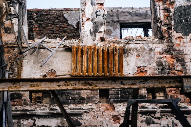 Destroyed and burnt civilian houses and shops in the town of Trostyanets Sumy region Civil buildings Russian military invasion of Ukraine