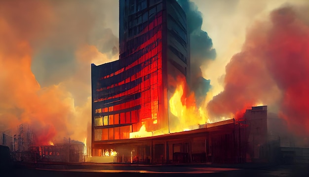 Photo destroyed city on fire fire in burning buildings nuclear radioactive armageddon