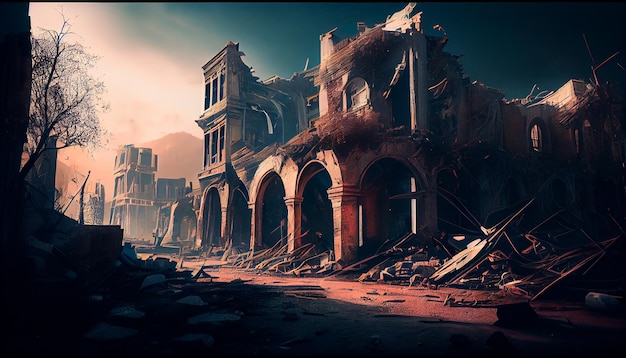 Destroyed city Postapocalyptic War zone created Generative AI