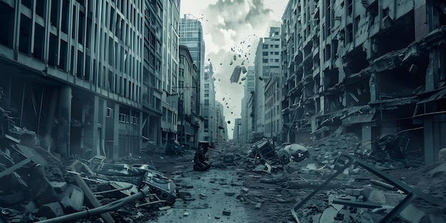 Destroyed city with military robots in apocalyptic future risking buildings and lives Concept Apocalyptic Future Destroyed City Military Robots Survival PostApocalyptic Society