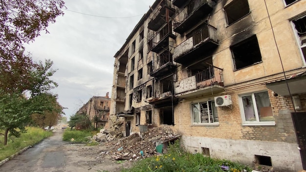 Destroyed and damaged residential buildings in Hostomel after Russia's invasion of Ukraine