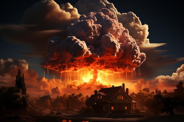 destroyed house against the backdrop of a nuclear explosion night