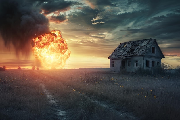 destroyed house against the backdrop of a nuclear explosion sunset