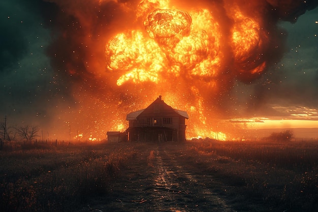 destroyed house against the backdrop of a nuclear explosion sunset