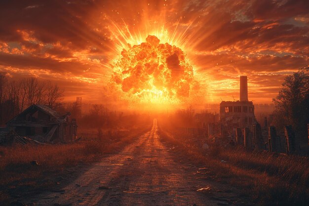 destroyed house against the backdrop of a nuclear explosion sunset