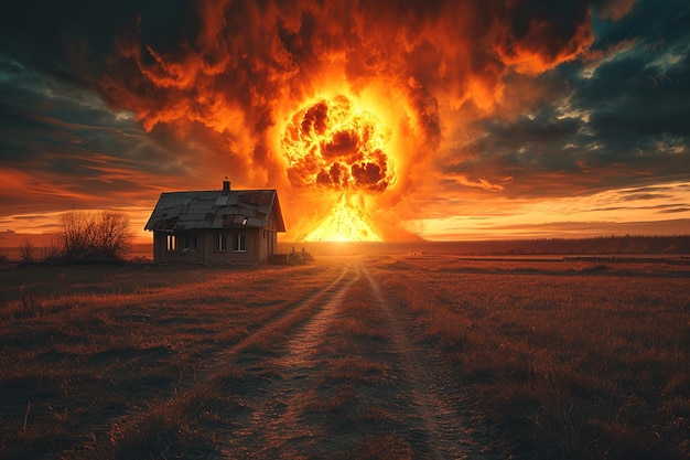 destroyed house against the backdrop of a nuclear explosion sunset