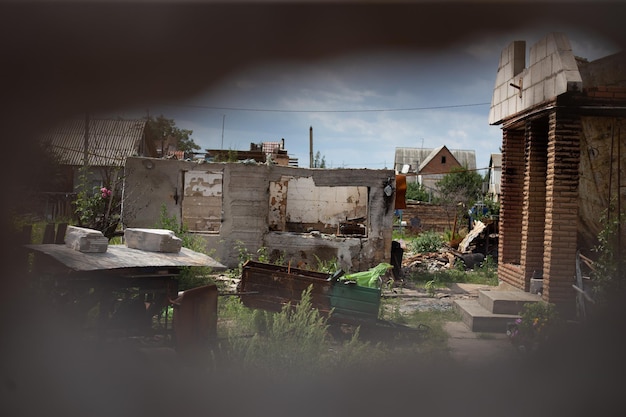 Destroyed houses after fires and artillery and bombs during russia's invasion of Ukraine