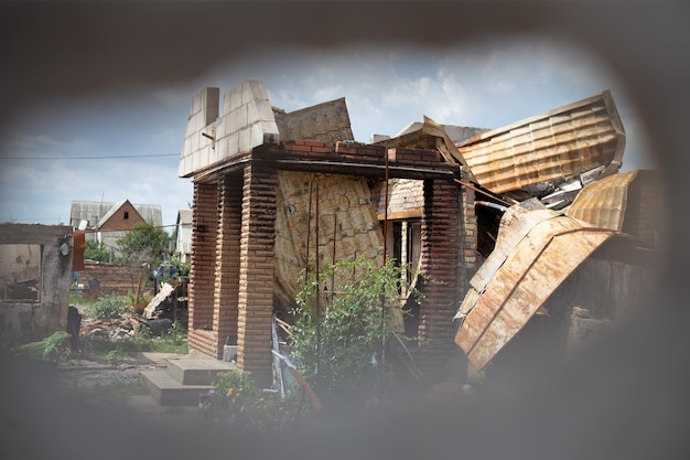 Destroyed houses after fires and artillery and bombs during russia's invasion of Ukraine