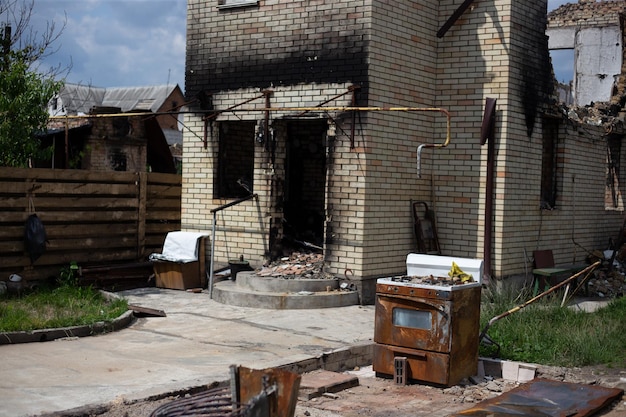 Destroyed houses after fires and artillery and bombs during russia's invasion of Ukraine