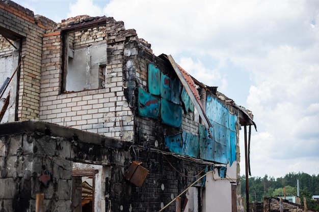 Destroyed houses after fires and artillery and bombs during russia's invasion of Ukraine