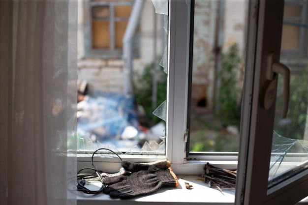 Destroyed houses after fires and artillery and bombs during russia's invasion of Ukraine