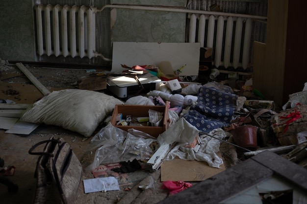 Destroyed houses after fires and artillery and bombs during russias invasion of ukraine