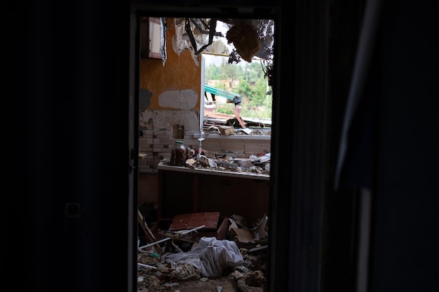 Destroyed houses after fires and artillery and bombs during russias invasion of ukraine