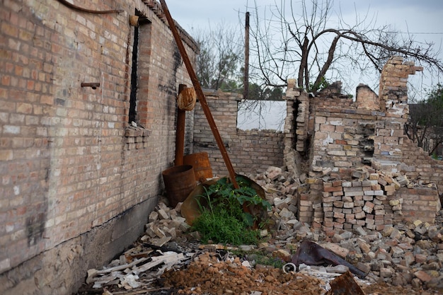 Destroyed houses after fires and artillery and bombs during russias invasion of ukraine