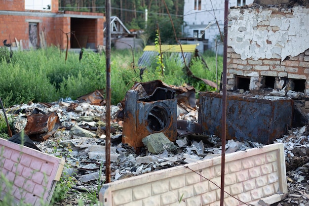 Destroyed houses after fires and artillery and bombs during russias invasion of ukraine