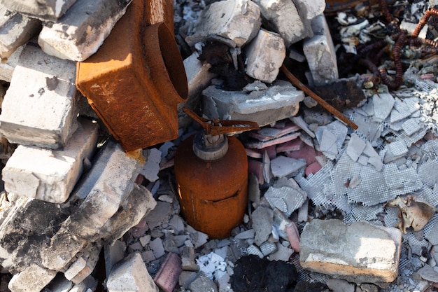 Destroyed houses after fires and artillery and bombs during russias invasion of ukraine