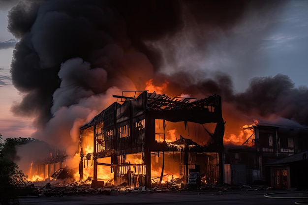 Destroyed industrial building surrounded by flames a result of fire that broke out and engulfed the structure created with generative ai