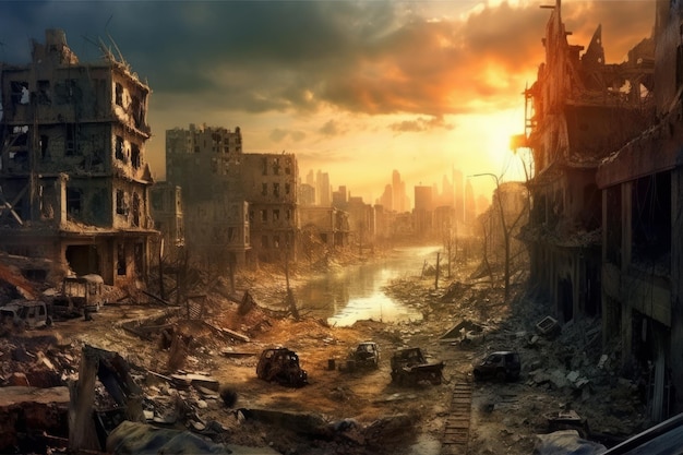 Destroyed modern city by war Beautiful illustration picture Generative AI