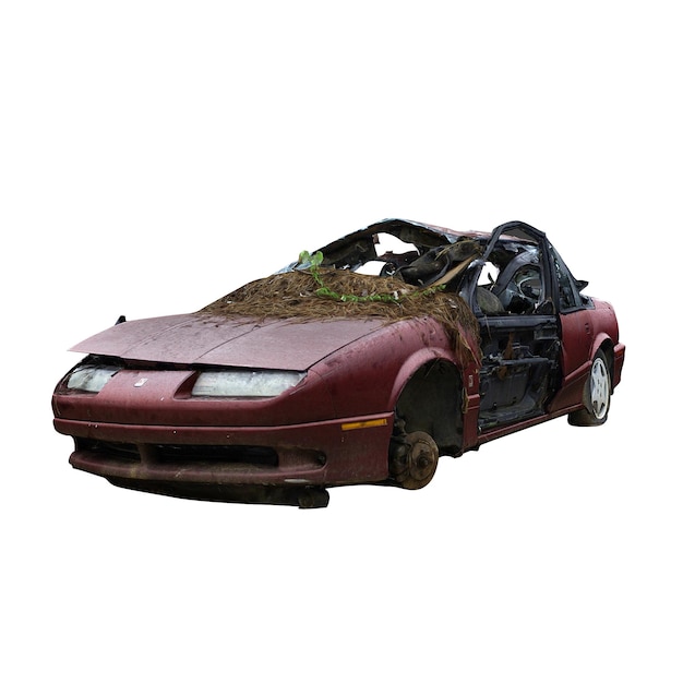 Destroyed red car on a white background