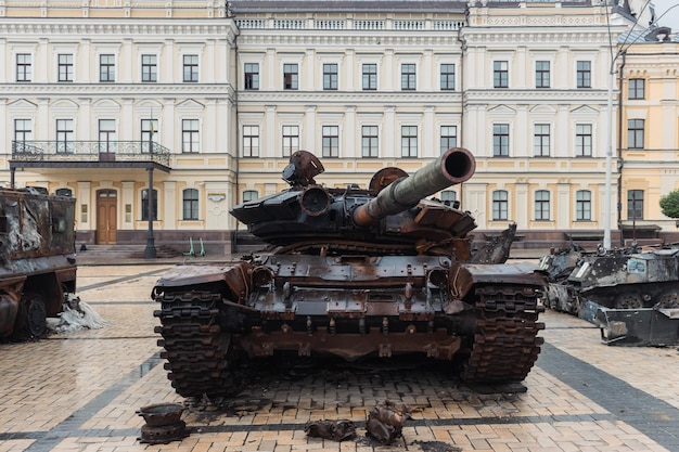 Destroyed Russian tank on Independence Day of Ukraine in Kyiv