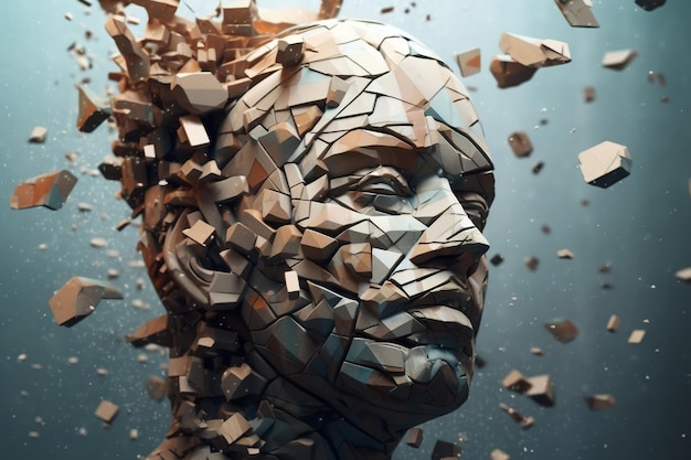 Destroyed sculpture of a human head fragments of particles flying to sides Depreciation illustration concept