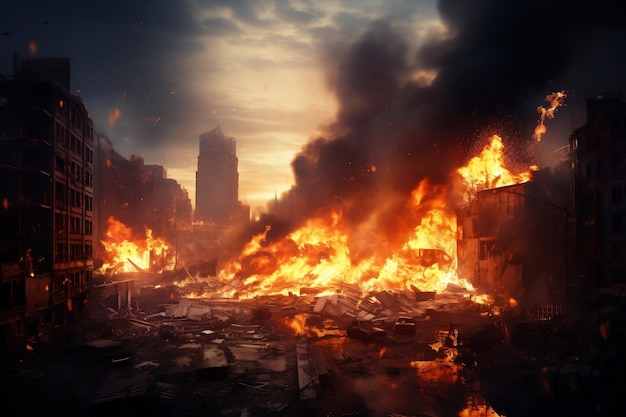 Destruction of a City by Fire and Explosion Generative Ai