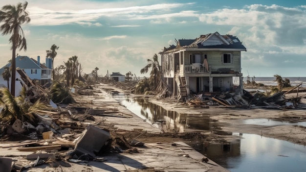 Destruction and ruin of devastated houses on land