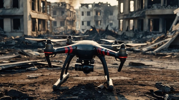 Destruction of urban landscape during quadcopter warfare in wartorn city