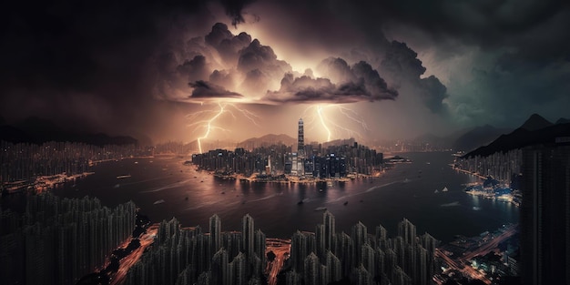 Destructive and powerful thunder storm strike metropolis city with thunderbolt