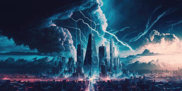 Destructive and powerful thunder storm strike metropolis city with thunderbolt