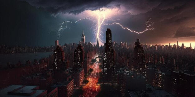 Destructive and powerful thunder storm strike metropolis city with thunderbolt