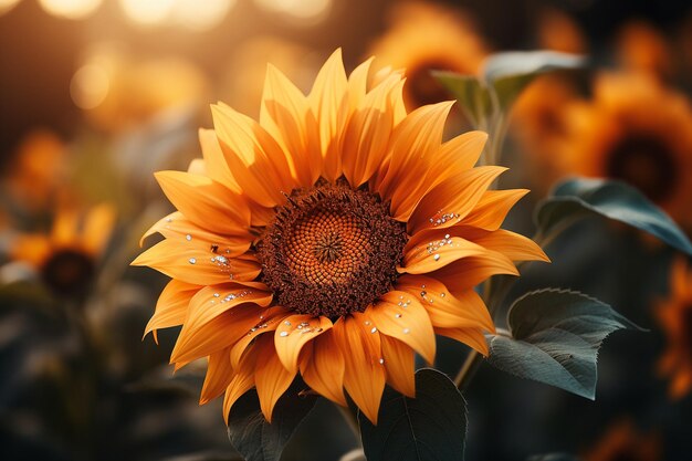 Detail of a blooming sunflower in a field selective focus closeup with free space