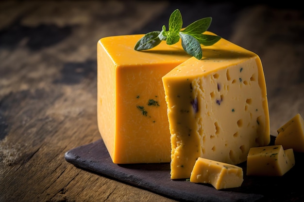 Detail of a Cheddar portion on an old wooden background