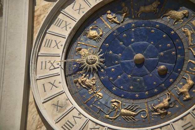 Detail of the clock tower of the clock tower in Piazza San Marco in Venice. Torre dell'orologio a Venzia.