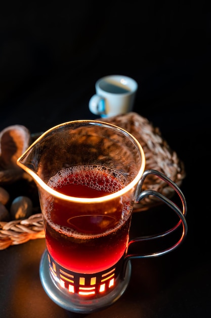 Detail of coffee in an illuminated French press