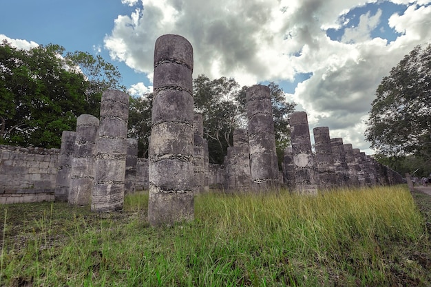 Detail of the columns of the Temple of the Warriors in the archaeological complex of Chichen Itza in Mexico