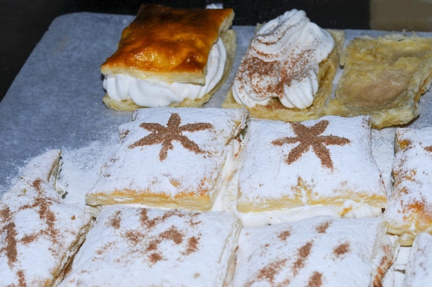 Detail on a costrada or millefeuille stuffed with cream traditional dessert