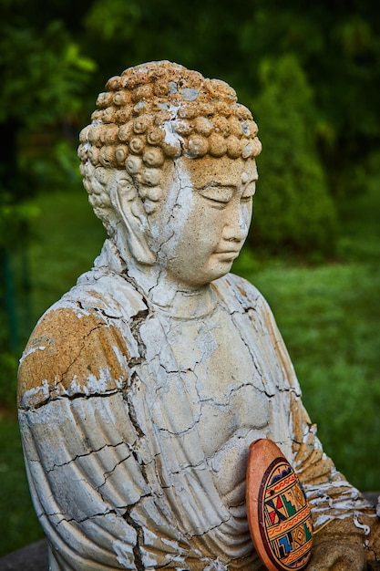 Detail of cracks on ancient small Buddha statue for prayer and meditation