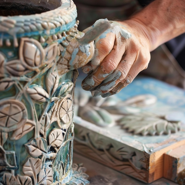 Photo detail the craftsmanship involved in creating handcrafted ceramic artworks