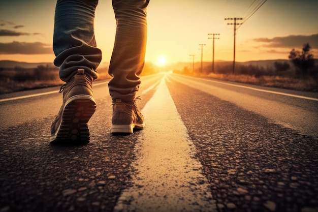 Detail of feet of a man walking on the road Generative AI