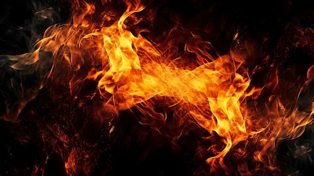 Detail of fire sparks isolated on black background Blaze fire flame background and textured generate ai