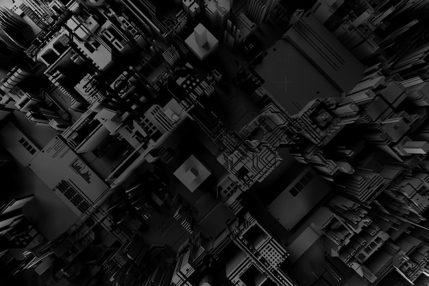 Detail of a futuristic machine 3D illustration of a futuristic wall made of various details Cyberpunk background Industrial wallpaper Grunge details