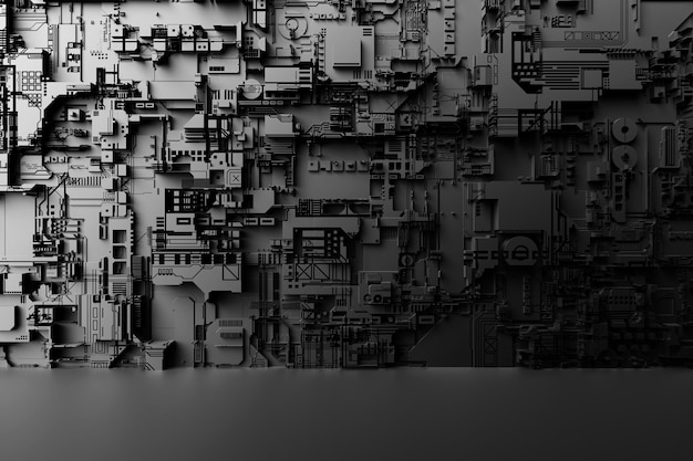 Detail of a futuristic machine 3D illustration of a futuristic wall made of various details Cyberpunk background Industrial wallpaper Grunge details