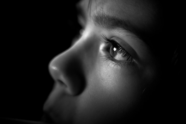 Detail of a girl's gaze on dark 