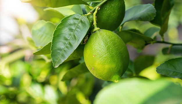 Detail of a green lemon and leaves on a tree in the sunlight