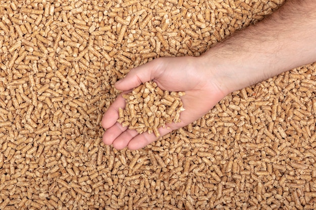 Detail of a hand that contains wood pellets 