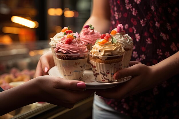 Photo detail of hands of a woman serving ice cream in confectionery shop illustration generative ai