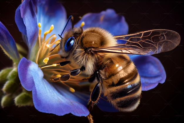 Detail of honeybee european or western honey bee sitting on the violet or blue flower Generative Ai